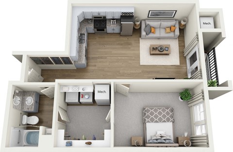 Floor plan for 1 bed, 1 bath, 717 sqft